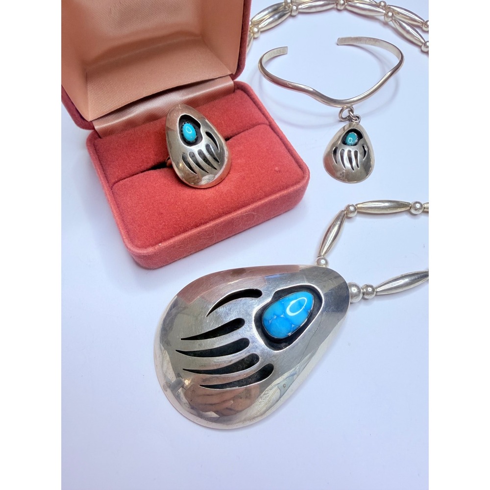 Lloyd Nelson Navajo Sterling Silver Turquoise Bear Paw Jewelry Set - Picture 2 of 14